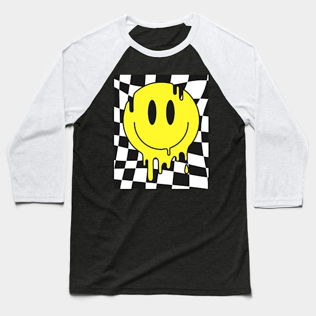 Retro Happy Face Shirt Checkered Pattern Smile Face Trendy Baseball T-Shirt by Peter smith